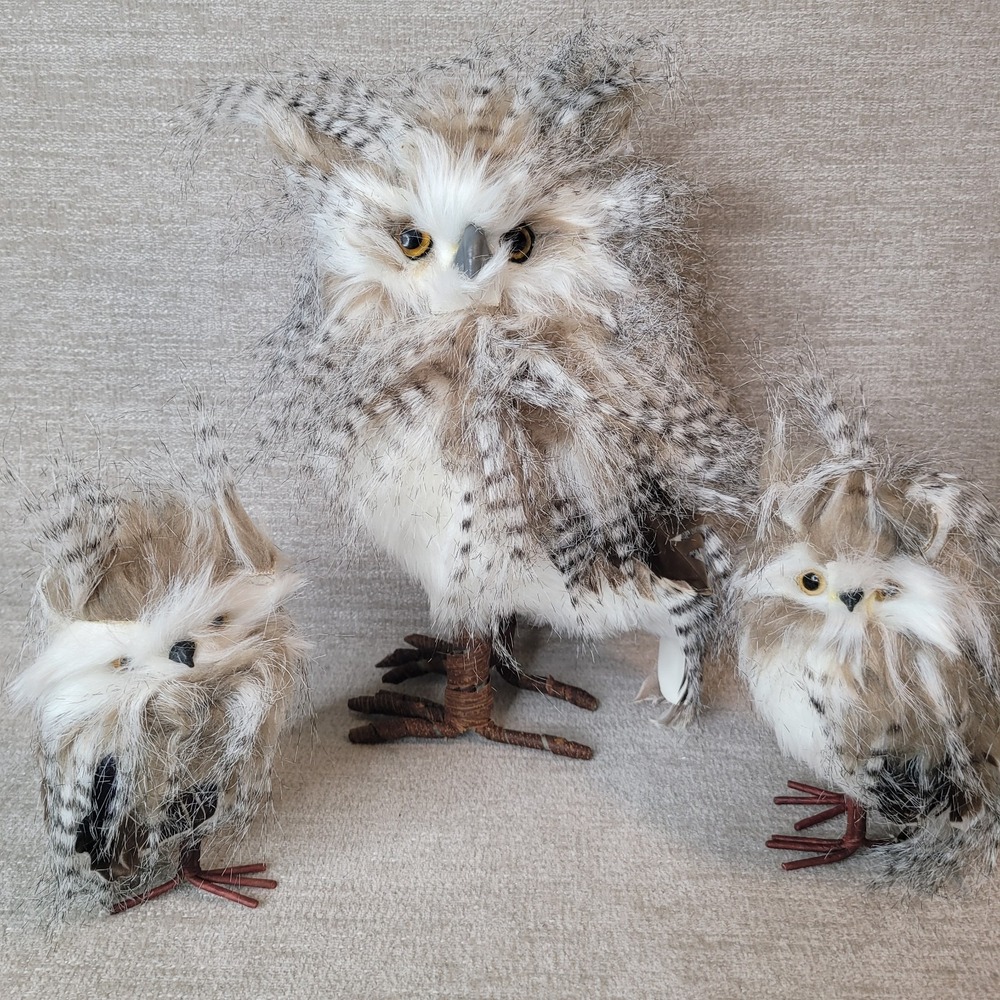 Realistic Feathered White & Gray Owls 11" Mom & 6" Owlet Babies Figurines Decor
